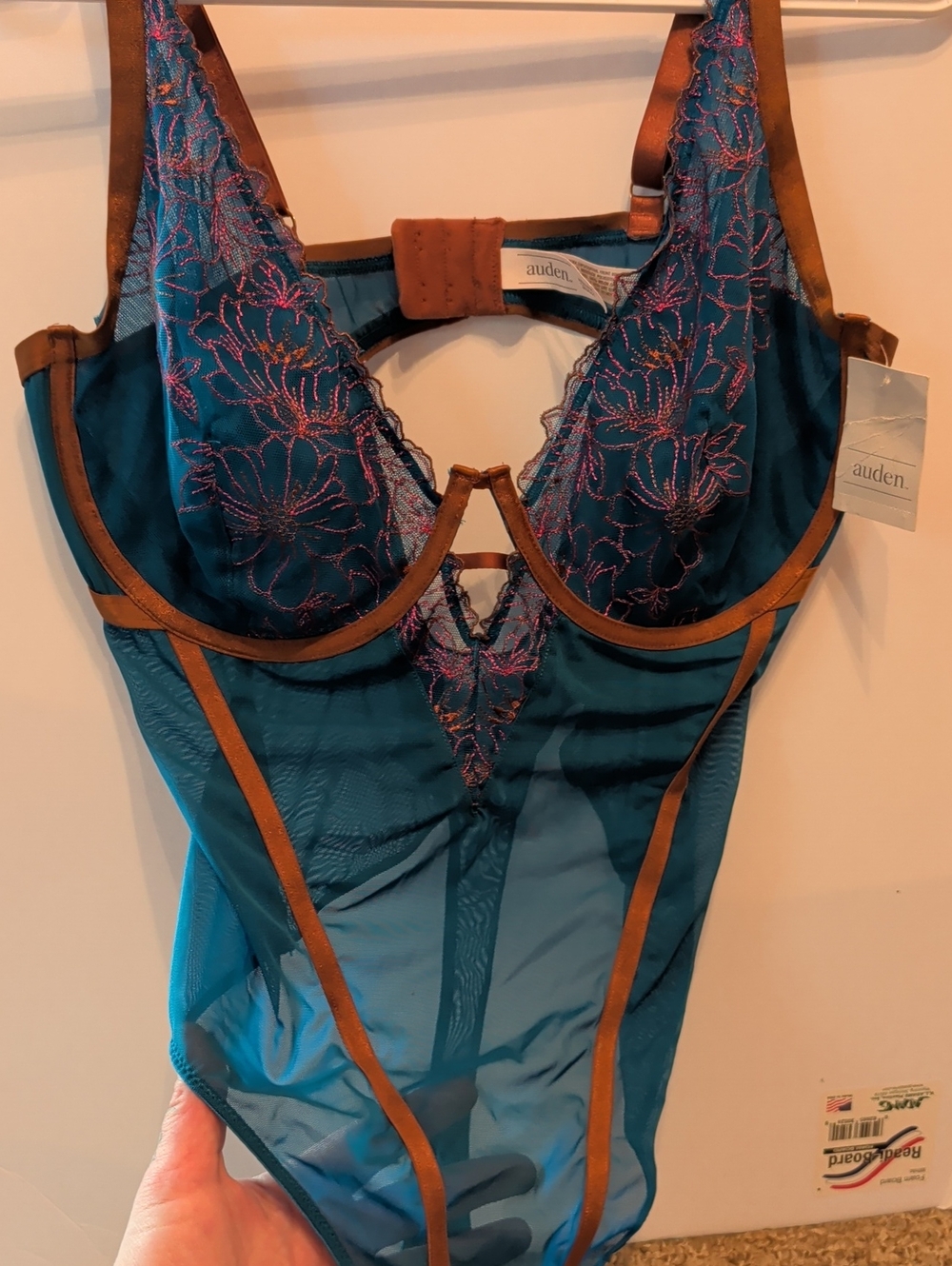 Auden Teal Thong Bodysuit with Brown Trim and Pink Embroidery (Lingerie)